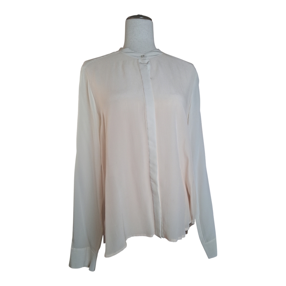 EILEEN FISHER 100% Silk Ivory Band Collar Button Long Sleeve Blouse S